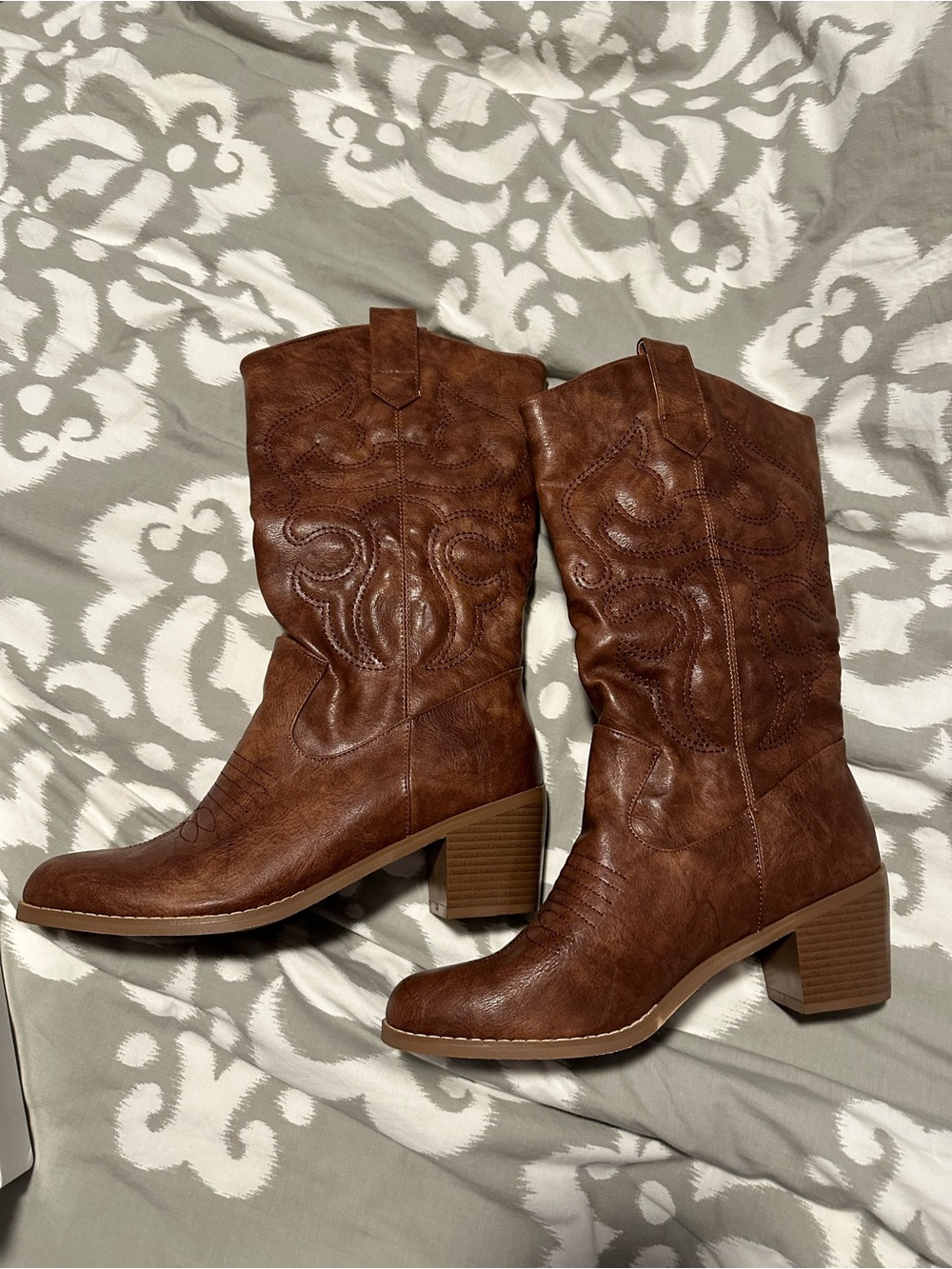 Brown Western Mid-Calf Block Heel Boots